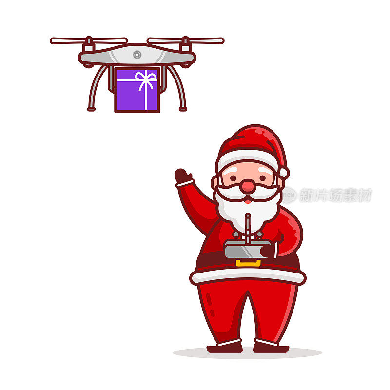 Christmas Santa Claus Cartoon Character Deliver gift box by using Drone Flat Design Vector Illustration
